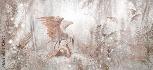 Fototapeta Naklejka Na Ścianę i Meble -  art drawn delicate birds in a nest in the leaves in light gentle colors photo wallpaper in the interior