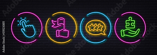 Touchpoint, Leadership and Stars minimal line icons. Neon laser 3d lights. Puzzle icons. For web, application, printing. Touch technology, Winner flag, Customer feedback. Jigsaw game. Vector