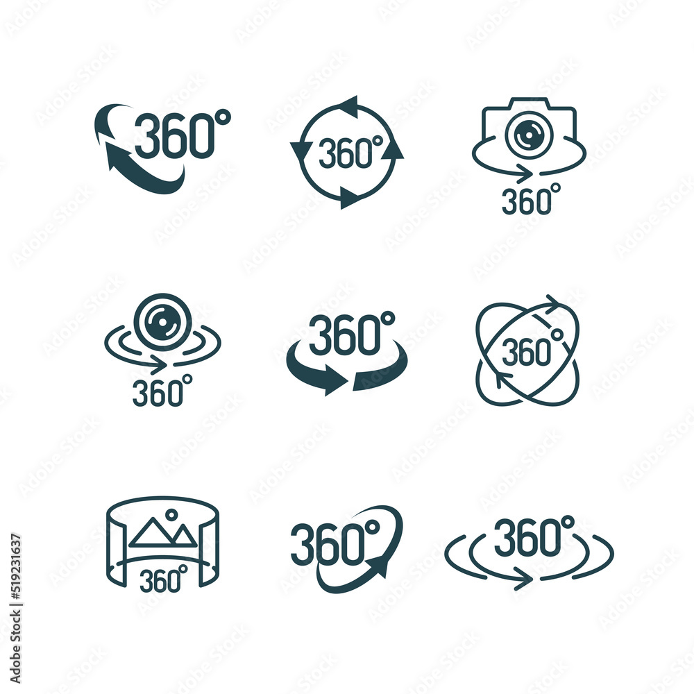 Vector 360 degrees view icon set isolated on white background. Math symbol, full rotaion, download sign. 10 eps