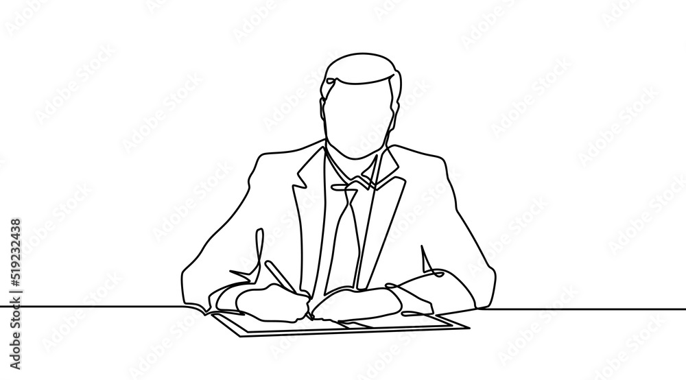 Continuous line drawing of businessman in suit. Businessman signing documents .One line continuous single line art  - obrazy, fototapety, plakaty 