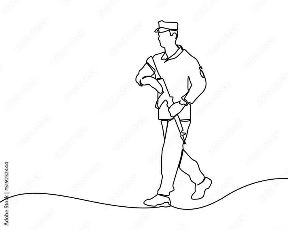 Army with uniform. Continuous one line drawing. Vector illustration minimalism design. Continuous one line drawing of soldier and veteran saluting at memorial day. Linear stylized. Army with uniform. Continuous one line drawing. Vector illustration minimalism design. Continuous one line drawing of soldier and veteran saluting at memorial day. Linear stylized.