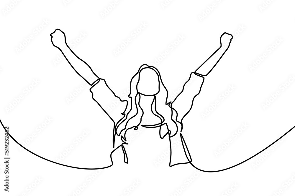 Continuous line drawing of cheering woman. Continuous one line drawing of woman rising hands up feeling happy and freedom. Cute girl feel free and young minimalism design isolated on white background. - obrazy, fototapety, plakaty 