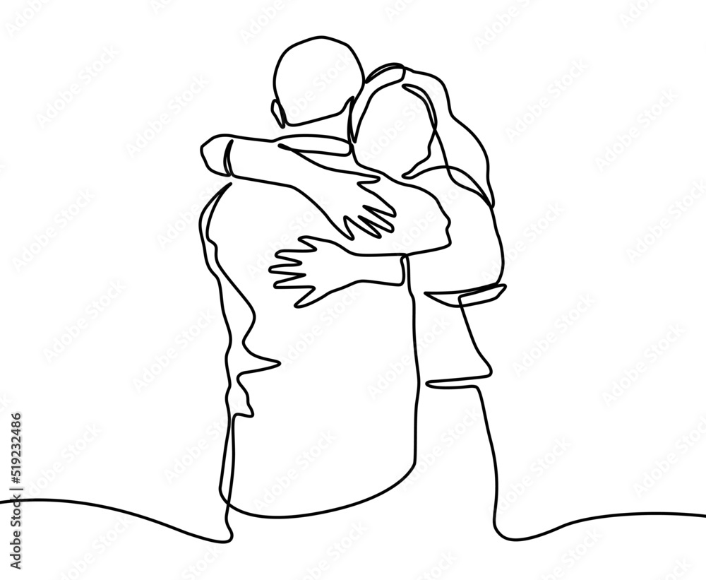 Continuous line drawing relationship vector. One hand drawn of young man and woman in love. Guy and girl want to kiss each other. People embrace and share happiness. Simplicity lineart design.