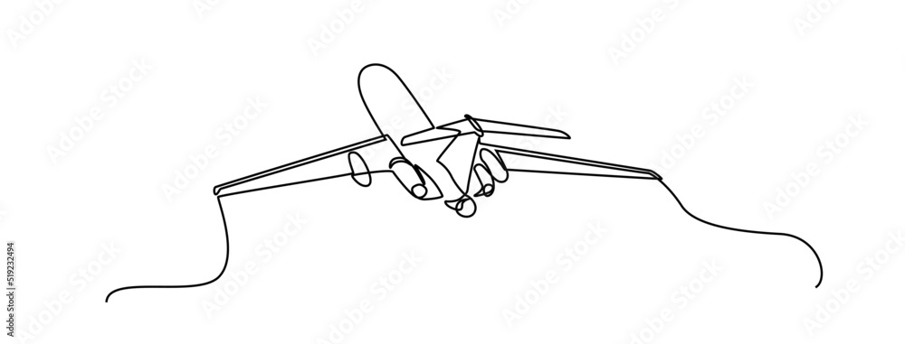 Obraz premium Airplane continuous line sketch. Continuous one line drawing of airplane jet transportation theme. Concept of travel vacation design vector illustration minimalism style. passenger airplane.