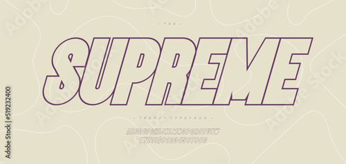 Vector supreme font 3d bold line style modern typography for decoration, logo, poster, t shirt, book, card, sale banner, printing on fabric, industrial. Cool typeface. Trendy alphabet. 10 eps