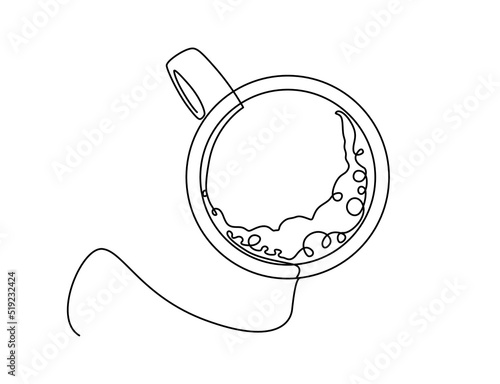 Continuous line art or One Line Drawing of hot coffee. Coffee cup in continuous line art drawing style. Top view of cappuccino drink. Hand drawn continuous line of cup of coffee, tea isolated.