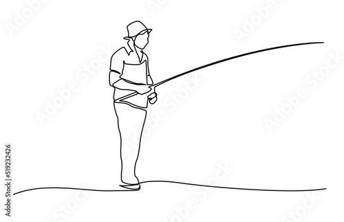 One continuous line drawing of young fisherman happy standing and fishing a fish on lake streaming. One single line drawing young happy fisher man standing and throw flyfishing at riverside vector