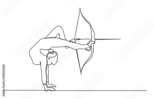 Continuous one line drawing of young energetic gymnast pulling the bow to shooting an archery target. A professional archer female focus to hit target hand drawn with minimalist design.