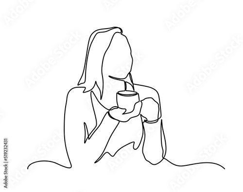 Continuous line drawing of sitting dreaming woman with cup of tea. Continuous one line drawing. Woman relaxing with cup of coffee. Vector illustration