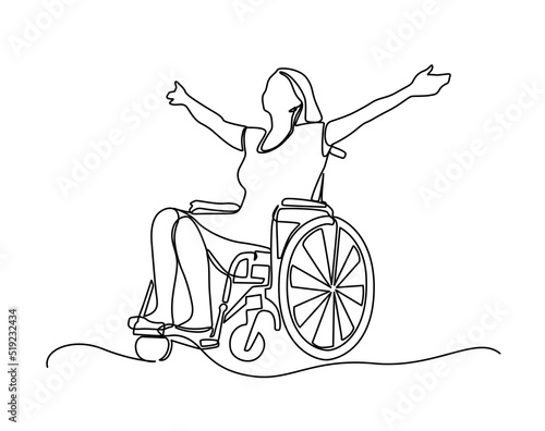 Continuous one line drawing. Disabled man on wheelchair enjoy with moving. Vector illustration total editable, choose thickness and place of line. raising arms in happiness, rehabilitation concept. 