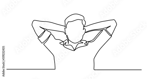 Man stands with his hands on the back of his head one line drawing vector. Concept stretching from cervical detaining a criminal, dreaming