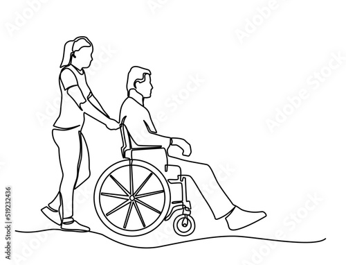 Continuous one line drawing of a young woman pushing wheelchair with old man. Helping elderly, disable people and sick people. Vector illustration. Volunteer pushing wheelchair with disabled old man. 