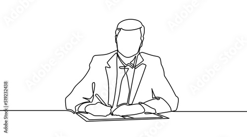 Continuous line drawing of businessman in suit. Businessman signing documents .One line continuous single line art 