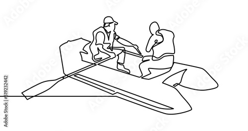 Man in Boat One Line Drawing. Fishing Boat Minimal Hand Drawing. Minimalist Sketch Contour Art. One continuous drawn single art line doodle drawing of a two man in a rubber boat. Rescuers in a boat