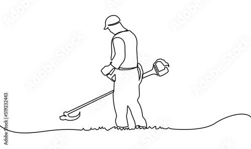 Hand lawn mower gardening thin line. Continuous one line drawing.  Man with lawn mower standing and working