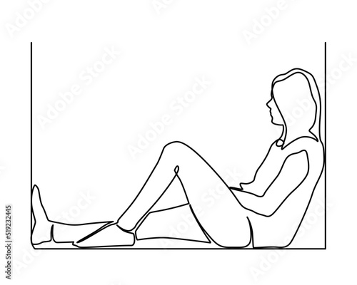 continuous line drawing of sitting woman. Beautiful sad woman sitting one line illustration.