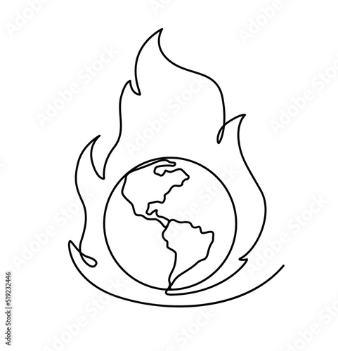 Vector seamless background of one line drawing with planet Earth in fire, global warming and high temperatures. Climate change. 