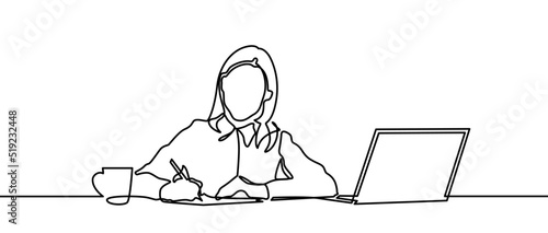 Continuous line woman thinking and bitting a pen. Woman education. Continuous one line drawing of a young woman teacher taking notes. Young girl writing on a book while studying in front of a laptop.