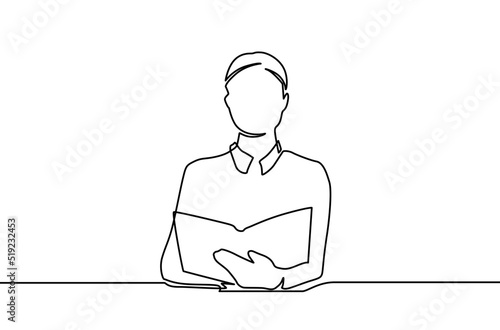Continuous line drawing of business woman reading book.  Single one line drawing young woman standing with open book. Single line draw design vector graphic illustration.