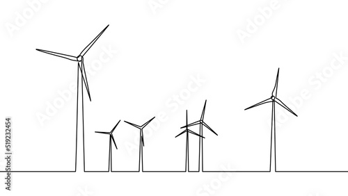 Wind energy in continuous line art drawing style. Hilly landscape with wind turbines producing electricity. Renewable source of power. Black linear design isolated on white background