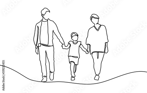Continuous line drawing of happy family father, mother and one child playing. vector illustration isolated on white background. Continuous one line drawing. Family concept. Father, mother and kid