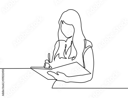 Continuous line woman writing in notebook. Woman education. Continuous one line drawing of a young woman teacher taking notes. Young girl writing on a book while studying in front of a laptop.