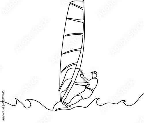 One continuous line drawing of young energetic man fun play windsurfing in the sea ocean. Healthy lifestyle sport concept. Happy tourist vacation. Dynamic single line draw design vector illustration