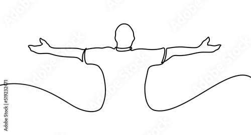 man spread his arms to the sides face pointing up one line drawing vector. concept dream, freedom, liberation, breathe deeply, triumph, victory, enlightenment