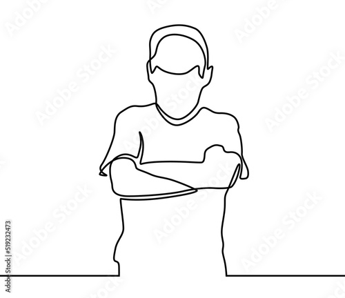 Sad little girl in continuous line art drawing style. Upset kid looking lonely black linear sketch isolated on white background. Vector illustration. 