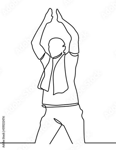 One continuous single line of football supporter bring banner isolated on white background.  Sport fan with a scarf drawing. cheering man.