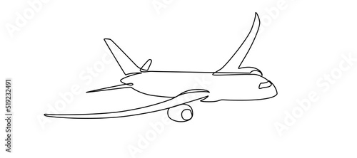 Airplane continuous line sketch. Continuous one line drawing of airplane jet transportation theme. Concept of travel vacation design vector illustration minimalism style.  passenger airplane.