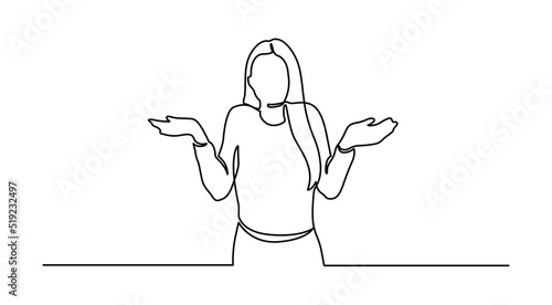 Continuous Line Drawing of Young woman spread her hand and shrugging shoulder. I do not know. Oops! Continuous Line Drawing.