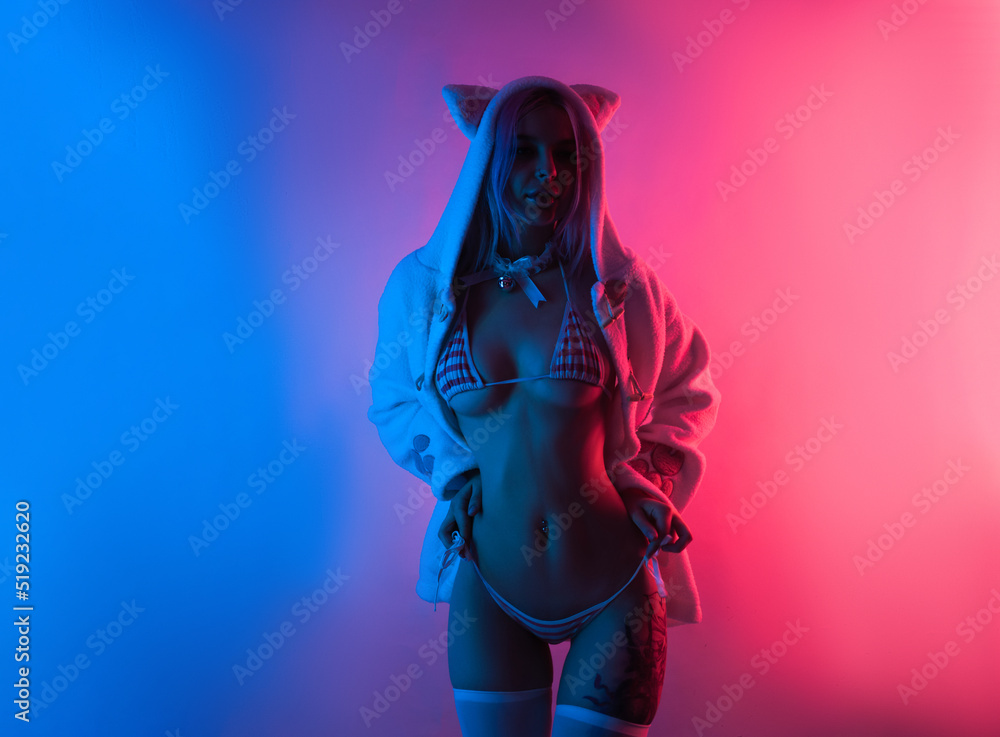 sexy young girl cosplay anime japanese style in underwear in neon light - obrazy, fototapety, plakaty 