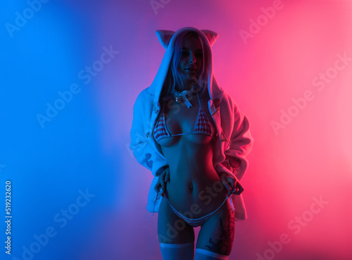 sexy young girl cosplay anime japanese style in underwear in neon light