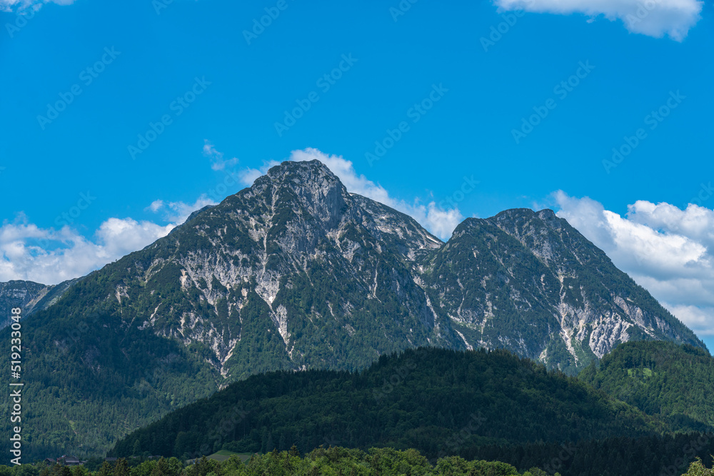 Beautiful view of the peak Sarstein from Altaussee on a sunny summer day with blue sky cloud, Salzkammergut-Ausseerland region, Styria, Austria