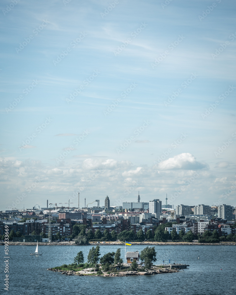 Helsinki skyline by water, solidarity with Ukraine