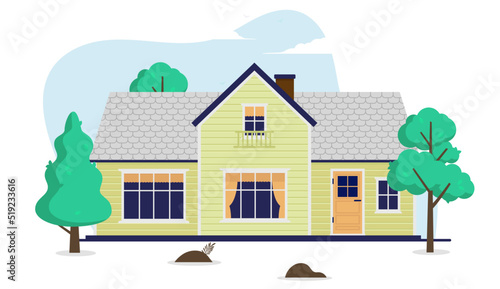 Vector house - Home in flat design illustration with trees on white background