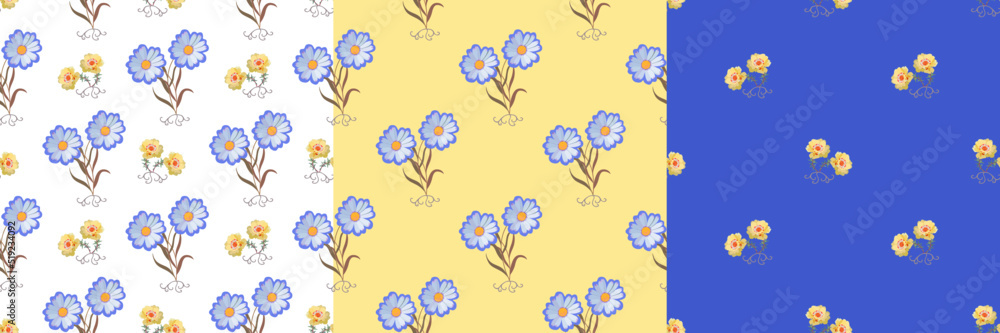 Collection of seamless natural romantic prints with daisies and purslane. Flowers with roots and leaves isolated on white, blue and yellow background shade of parmesan in vector. Collection of seamless natural romantic prints with daisies and purslane. Flowers with roots and leaves isolated on white, blue and yellow background shade of parmesan in vector.