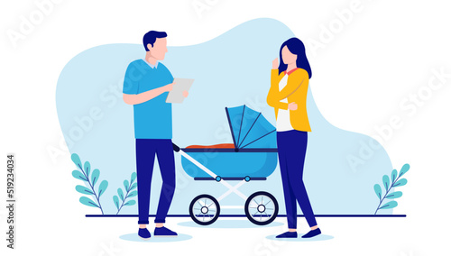 Couple baby planning - Man and woman thinking about starting a family, contemplating in front of baby pram. Flat design vector illustration with white background