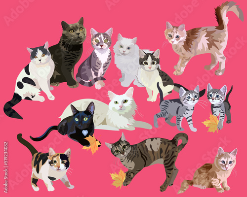 Beautiful animal print with cats and kittens of different breeds on  pink background in punch tone in vector. Seamless pattern for fabric, wallpaper with the symbols of Chinese year of the cat, 2023.