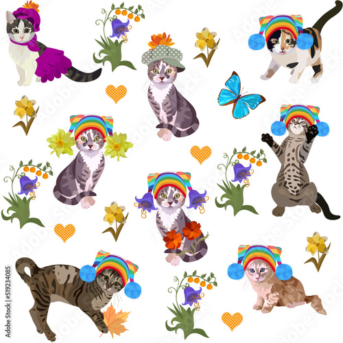 Fashionista cats in charming knitted hats  beret and cap among beautiful flowers isolated on white background in vector seamless pattern.