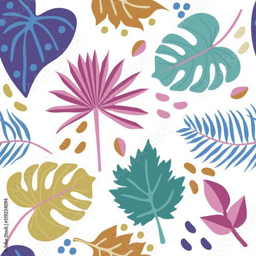 Multicolored tropical leaves of muted color form a seamless pattern on a white background in vector. Exotic print for fabric, wallpaper.