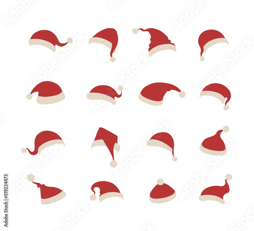 Santa hats set isolated on white background for photo booth, scrapbooking, video chat effect, festive, party, mask for social media. New year costume. Winter cap. Vector 10 eps