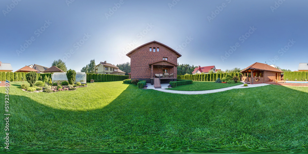 full seamless hdri 360 panorama outside vacation two-story concrete or brick country house with swimming pool and greenhouse in equirectangular spherical projection