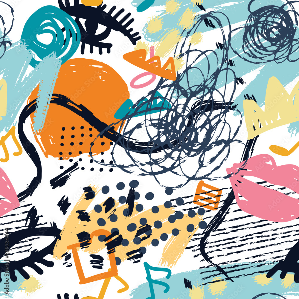 Naklejka premium Grunge abstract pattern with scrawls, paint strokes and drawn objects. Colorful grunge shapes background. Contemporary seamless pattern.