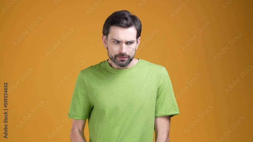 Unsure guy try solving hard decision think deep isolated shine color background Unsure guy try solving hard decision think deep isolated shine color background