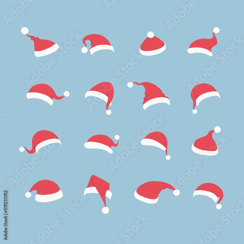 Vector Santa hat set isolated on blue background for photo booth, scrapbooking, video chat effect, festive, party, mask for social media. New year costume. Winter cap. 10 eps