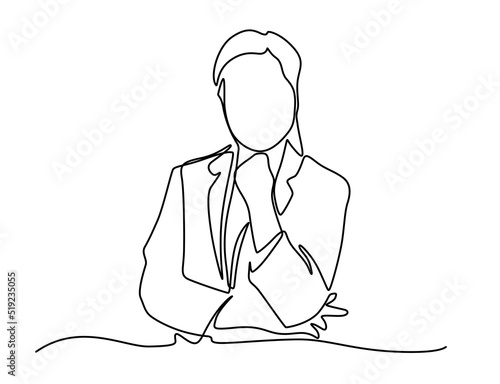 Business woman standing line art. Office worker concept. One line vector illustration. One single line drawing of young female business woman