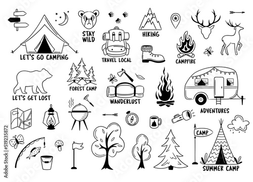 Camping and hiking elements isolated on white. Outdoor adventure emblems. Tourist tent, forest, camp, trees and wild animals. For Camp badges, labels, banners, brochures. Outlined vector illustration