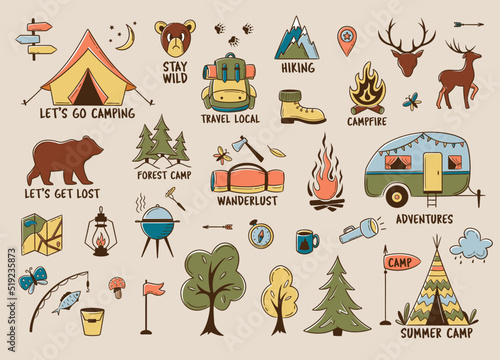 Camping and hiking colored elements. Outdoor adventure emblems. Tourist tent, forest, camp, trees and wild animals. For Camp badges, labels, banners, brochures. Doodle vector illustration